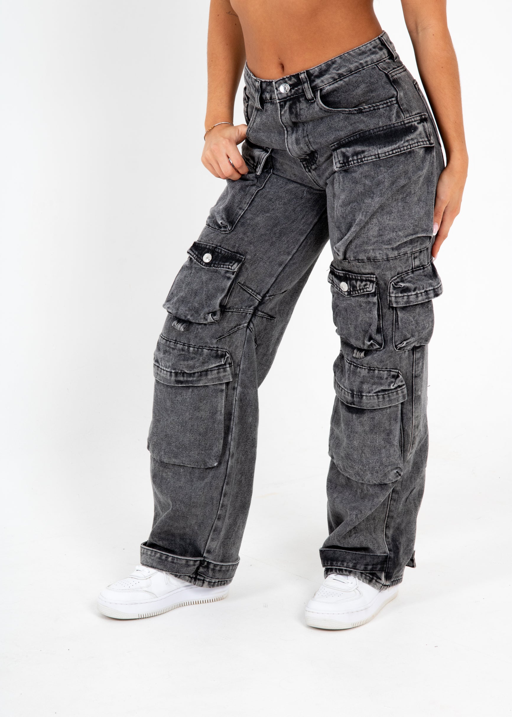 Acid Wash Black Denim Wide Leg Cargo