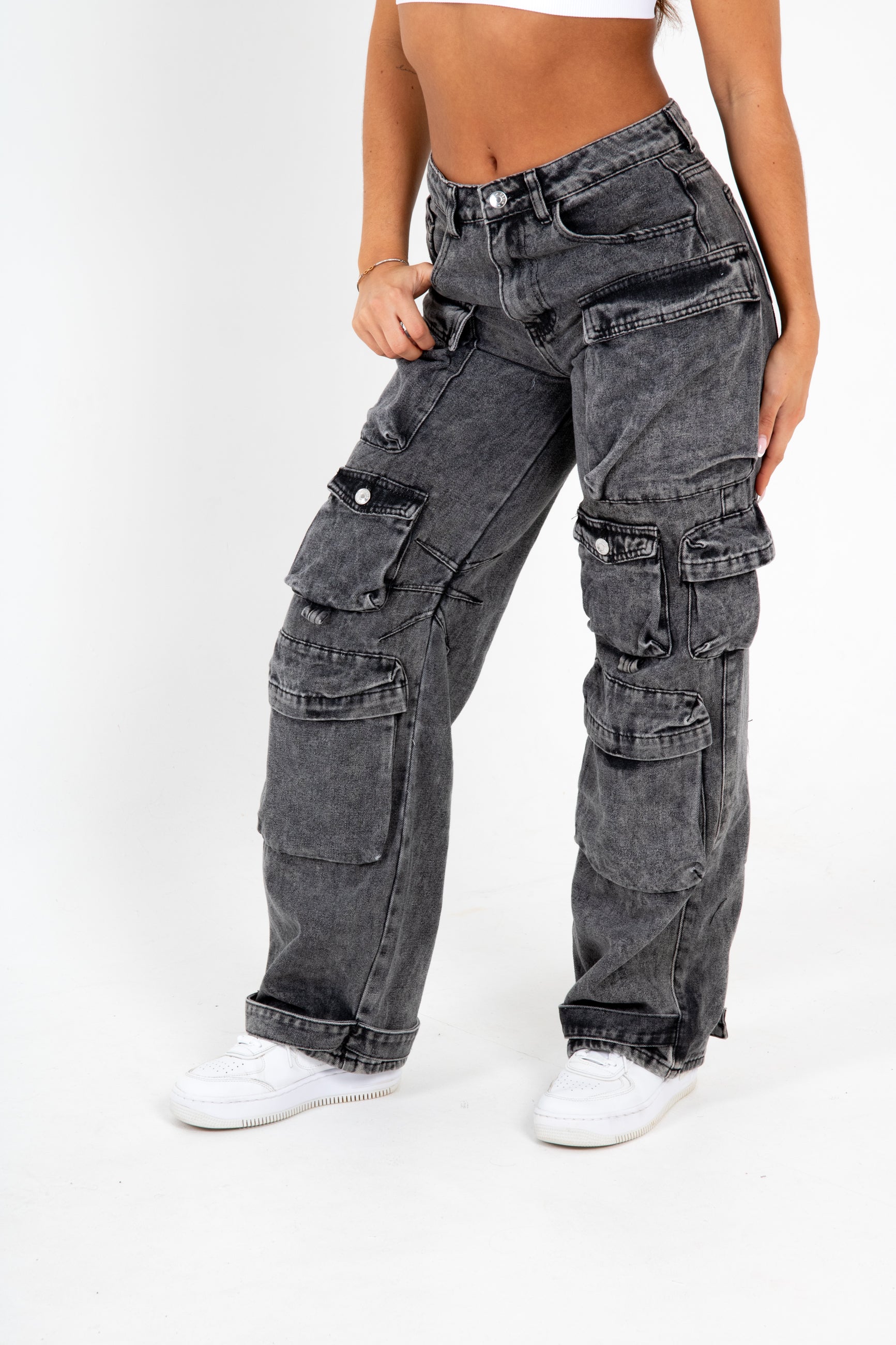 Acid Wash Black Denim Wide Leg Cargo
