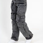 Acid Wash Black Denim Wide Leg Cargo