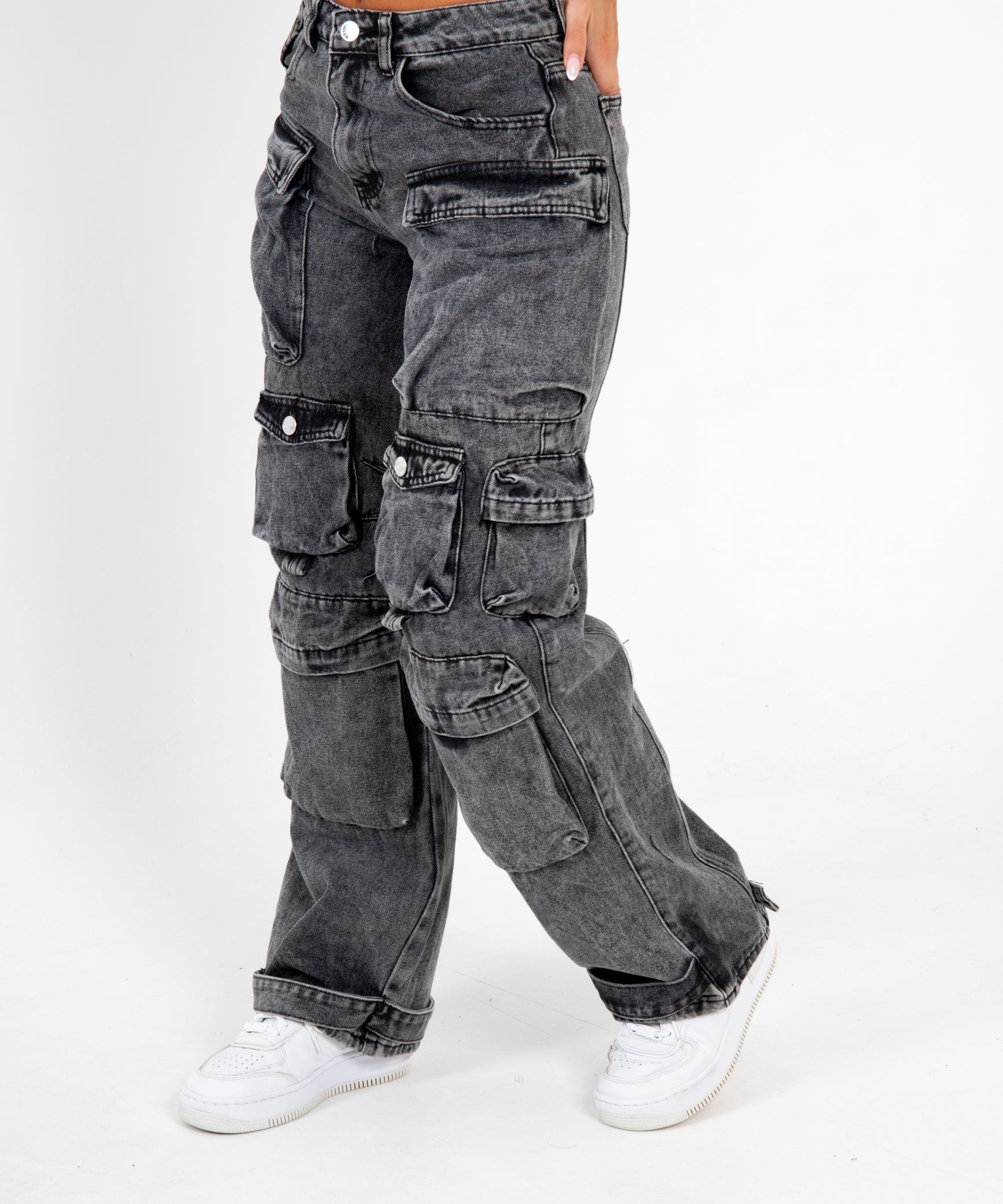 Acid Wash Black Denim Wide Leg Cargo