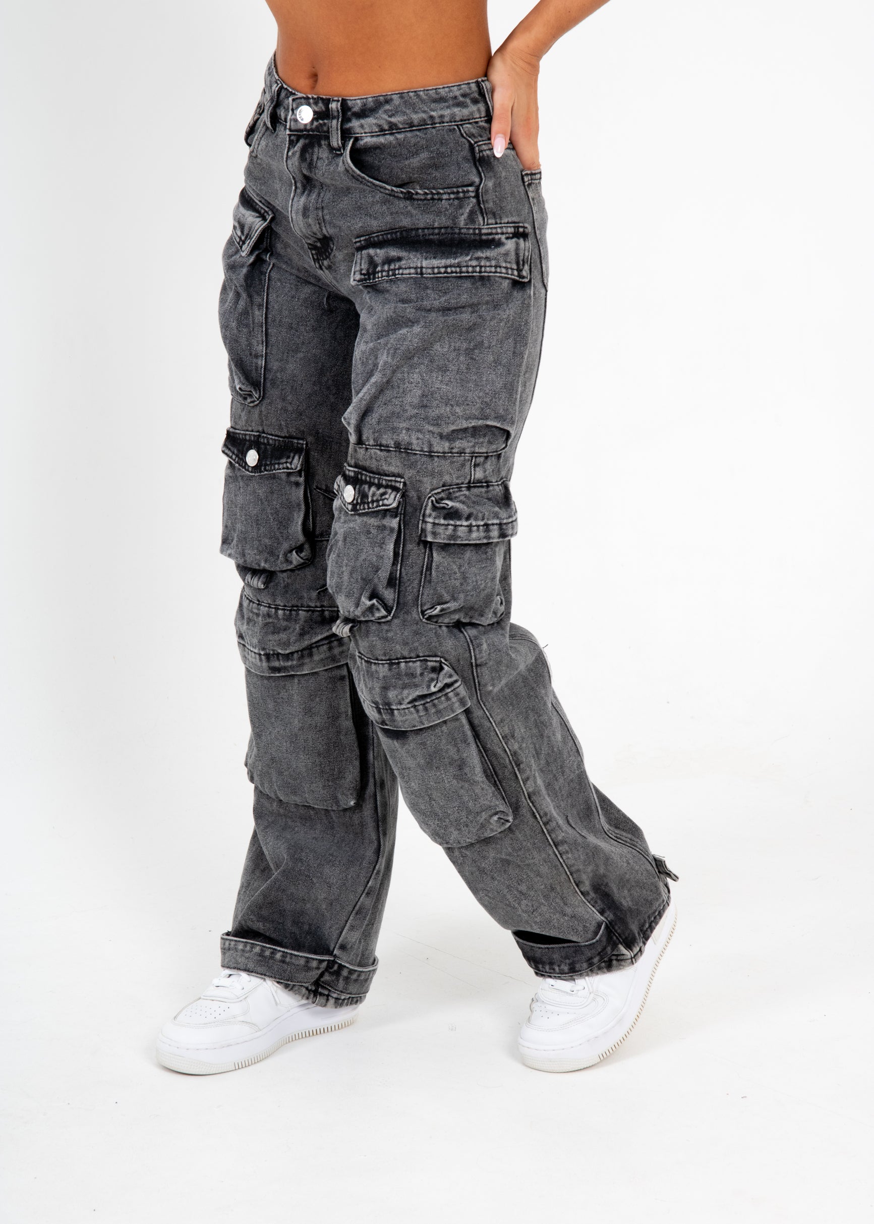 Acid Wash Black Denim Wide Leg Cargo