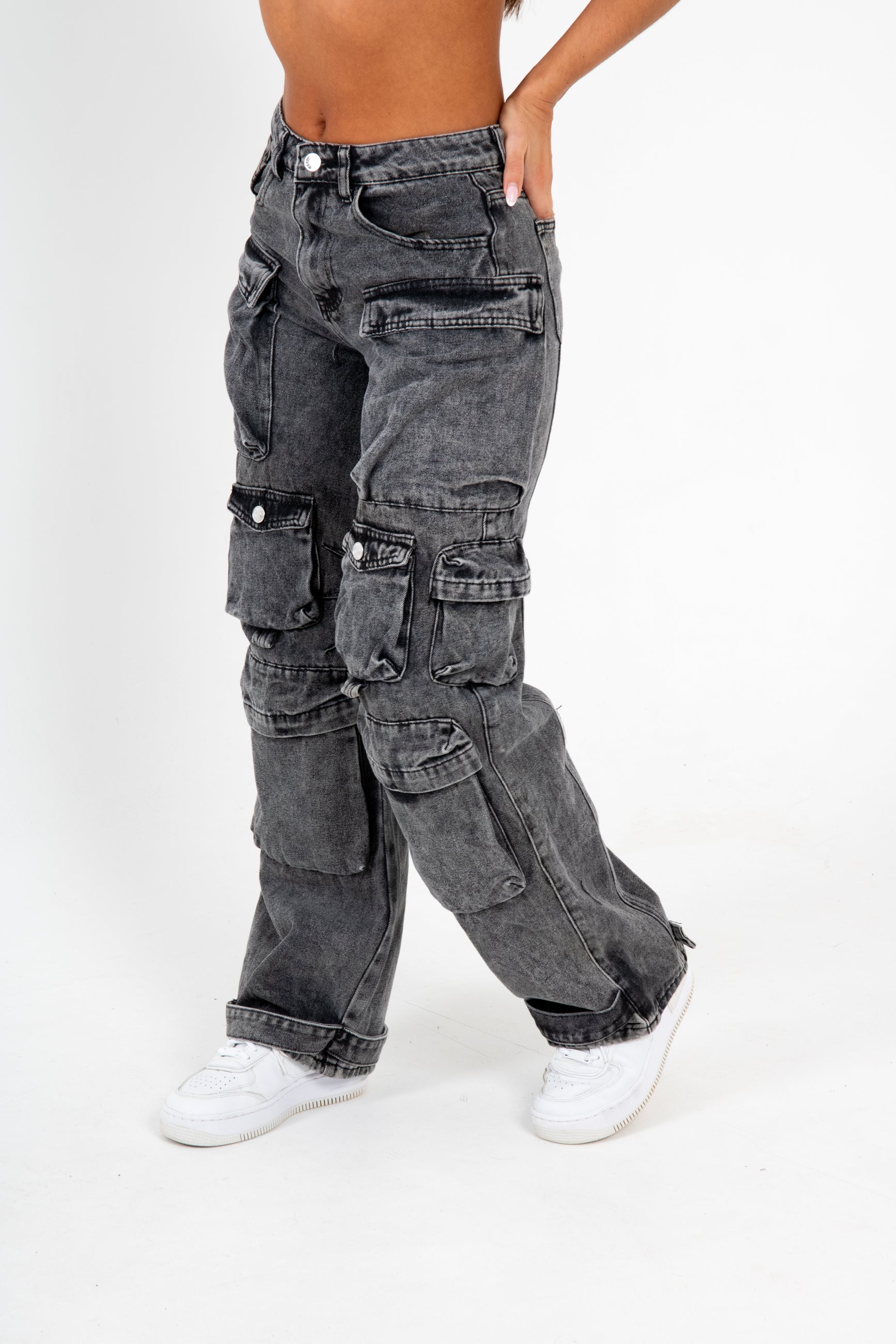 Acid Wash Black Denim Wide Leg Cargo
