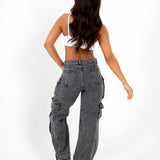 Acid Wash Black Denim Wide Leg Cargo