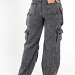 Acid Wash Black Denim Wide Leg Cargo