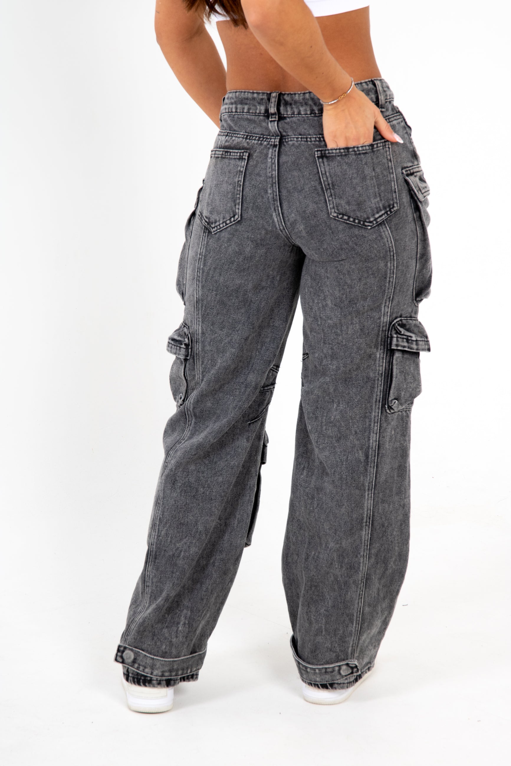 Acid Wash Black Denim Wide Leg Cargo