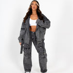 Acid Wash Black Denim Wide Leg Cargo