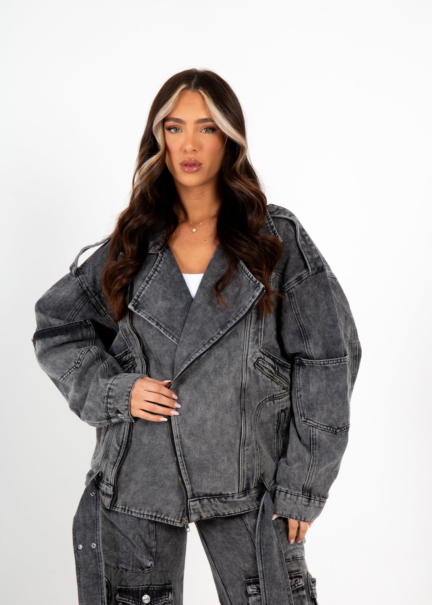 Oversized Acid Wash Black Denim Biker Jacket