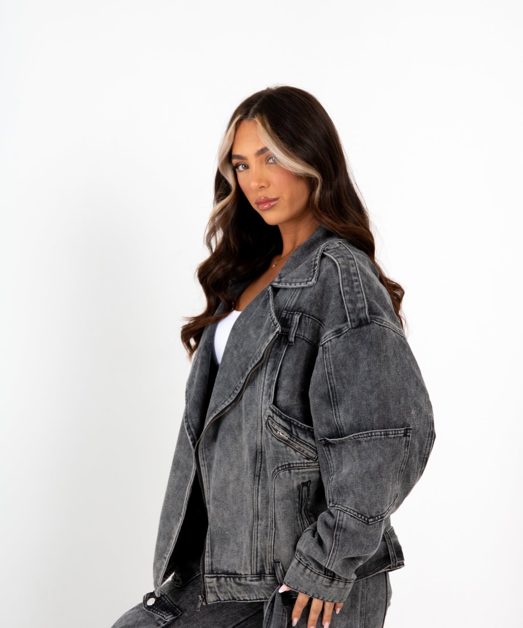 Oversized Acid Wash Black Denim Biker Jacket