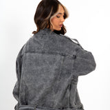 Oversized Acid Wash Black Denim Biker Jacket