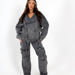 Acid Wash Black Denim Wide Leg Cargo