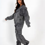 Oversized Acid Wash Black Denim Biker Jacket