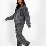 Oversized Acid Wash Black Denim Biker Jacket