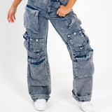 Acid Wash Blue Denim Wide Leg Cargo