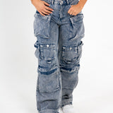 Acid Wash Blue Denim Wide Leg Cargo