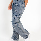 Acid Wash Blue Denim Wide Leg Cargo