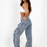 Acid Wash Blue Denim Wide Leg Cargo