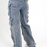 Acid Wash Blue Denim Wide Leg Cargo