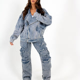 Acid Wash Blue Denim Wide Leg Cargo