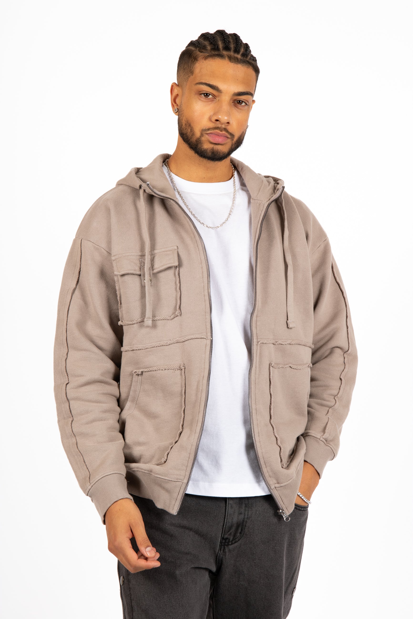 Stone Grey Utility Frayed Seams Hoodie XS