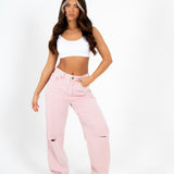 Pink Mid-Rise Boyfriend Fit Jean With Knee Slit