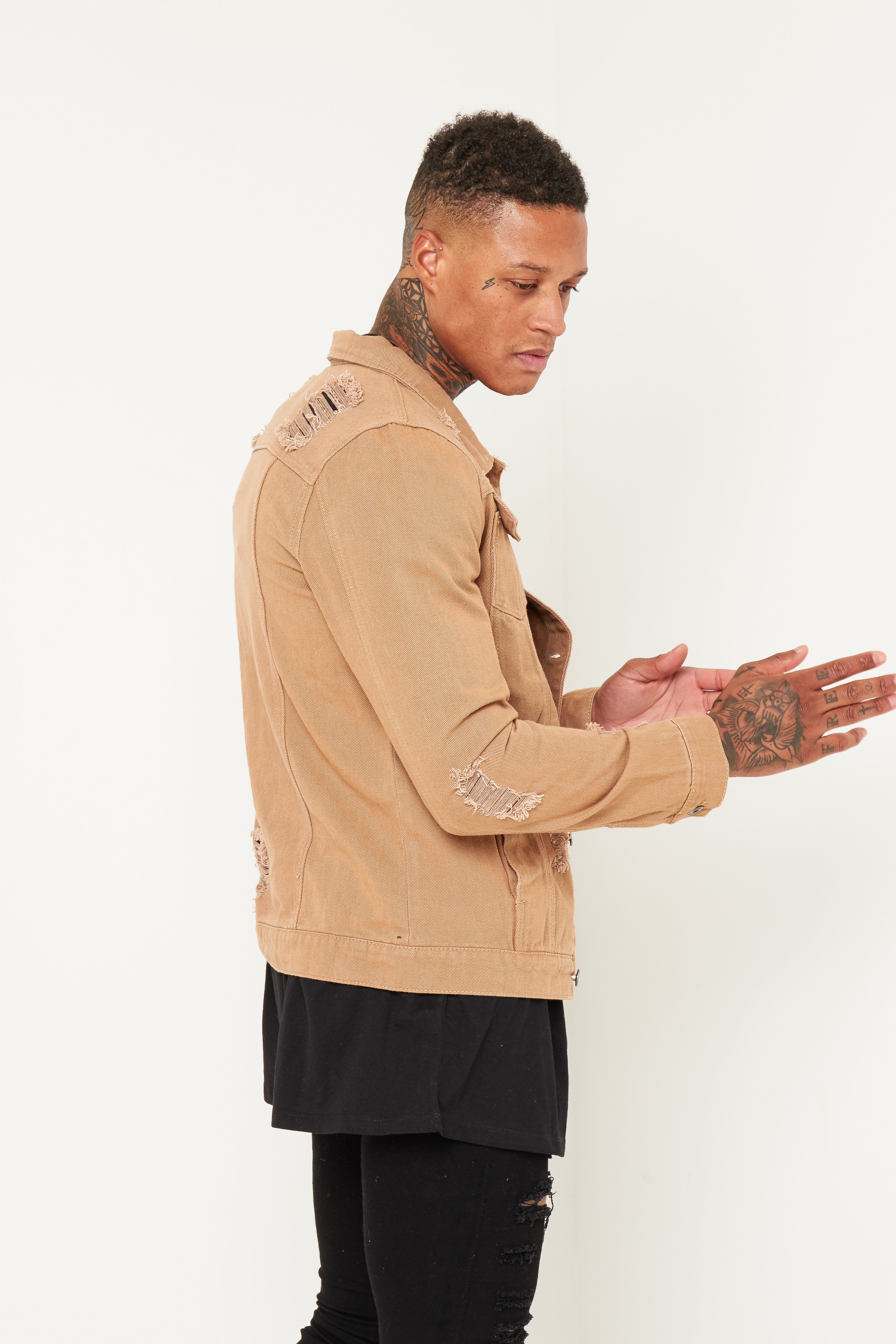 Norton Denim Jacket In Tan With Distressing