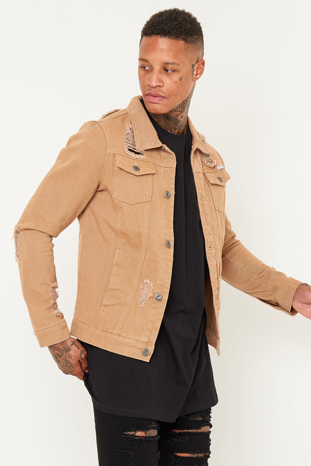 Norton Denim Jacket In Tan With Distressing