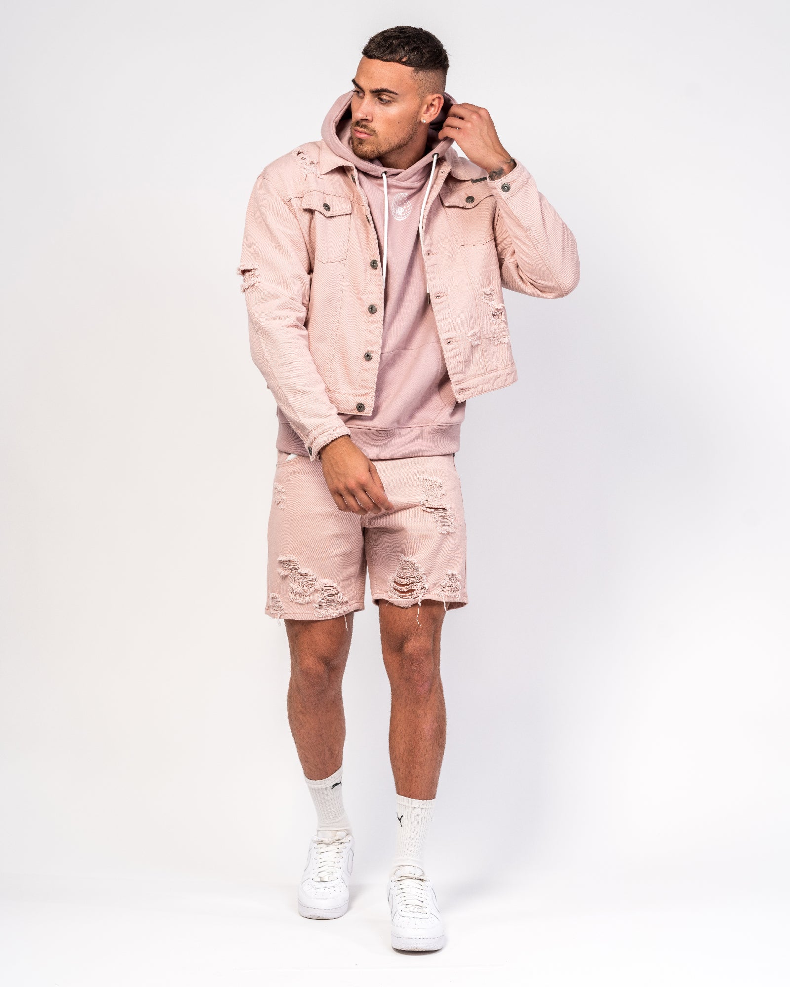 Oversized Denim Jacket In Pink With Distressing