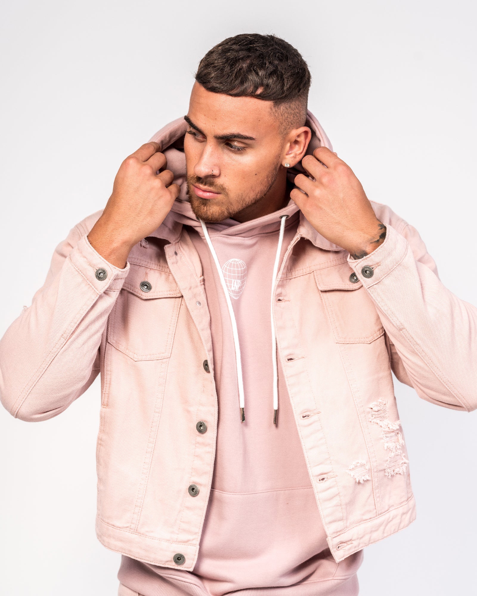 Oversized Denim Jacket In Pink With Distressing