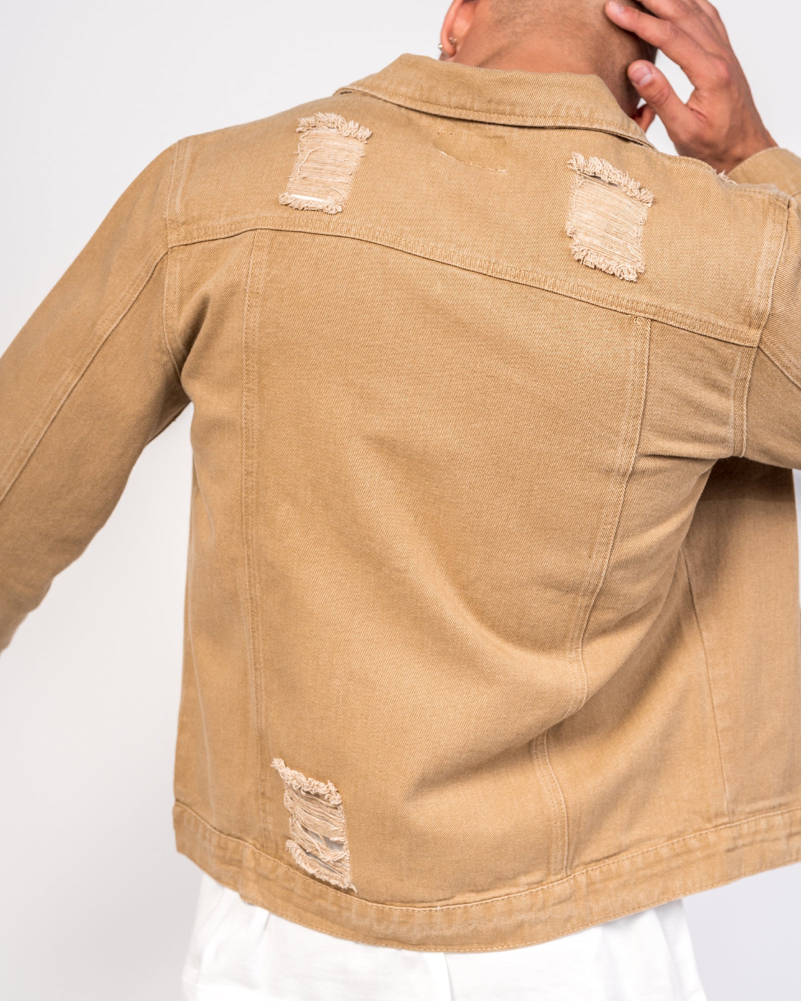 Oversized Tan Distressed Denim Jacket