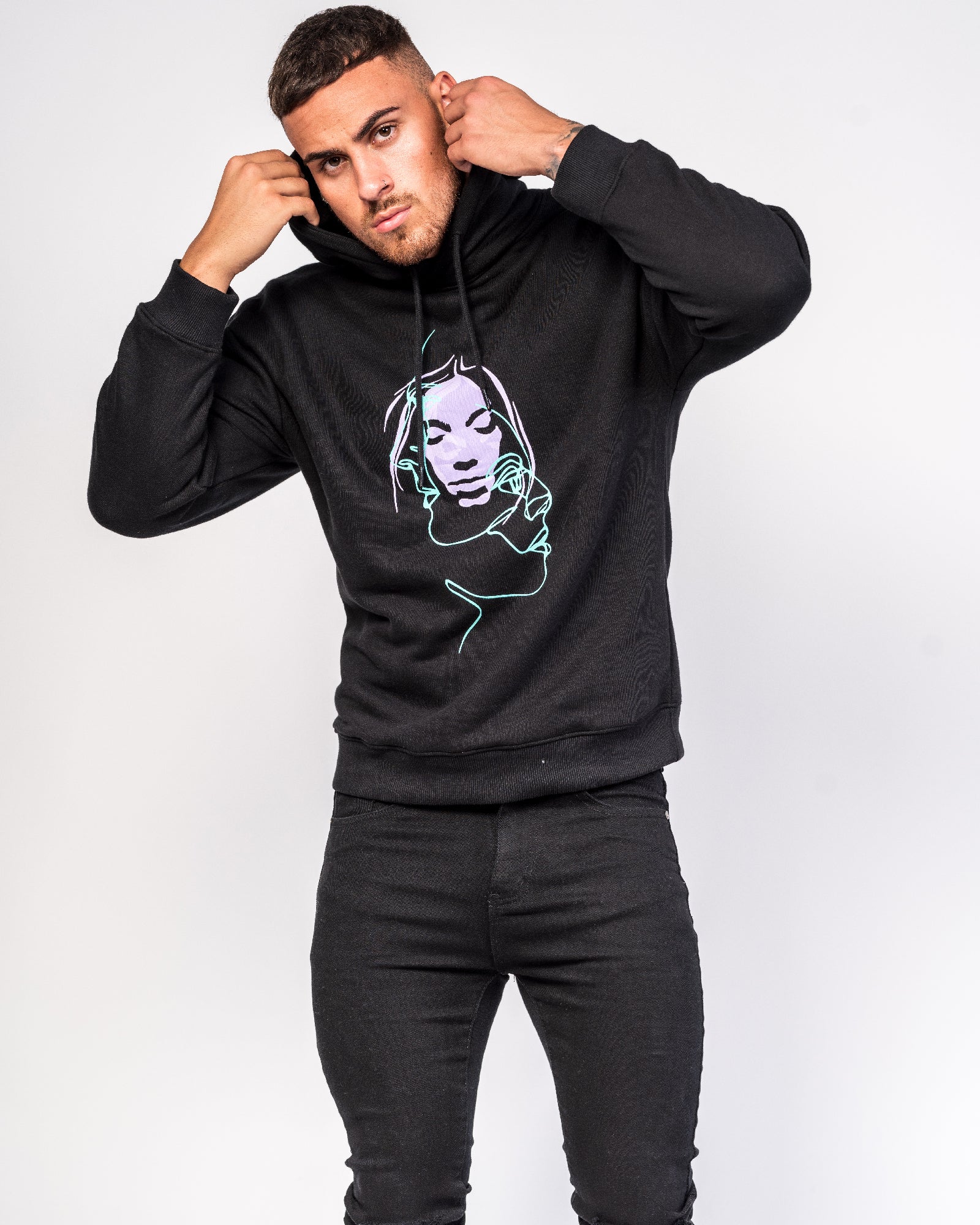 Illustrated Faces Relaxed Black Hoody
