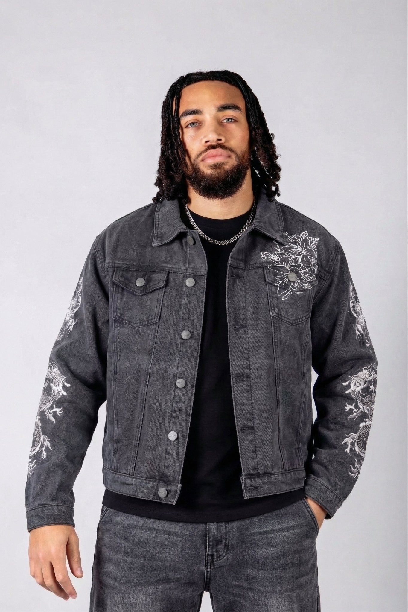 A World Dynasty Oversized Denim Jacket In Washed Black - Liquor n Poker