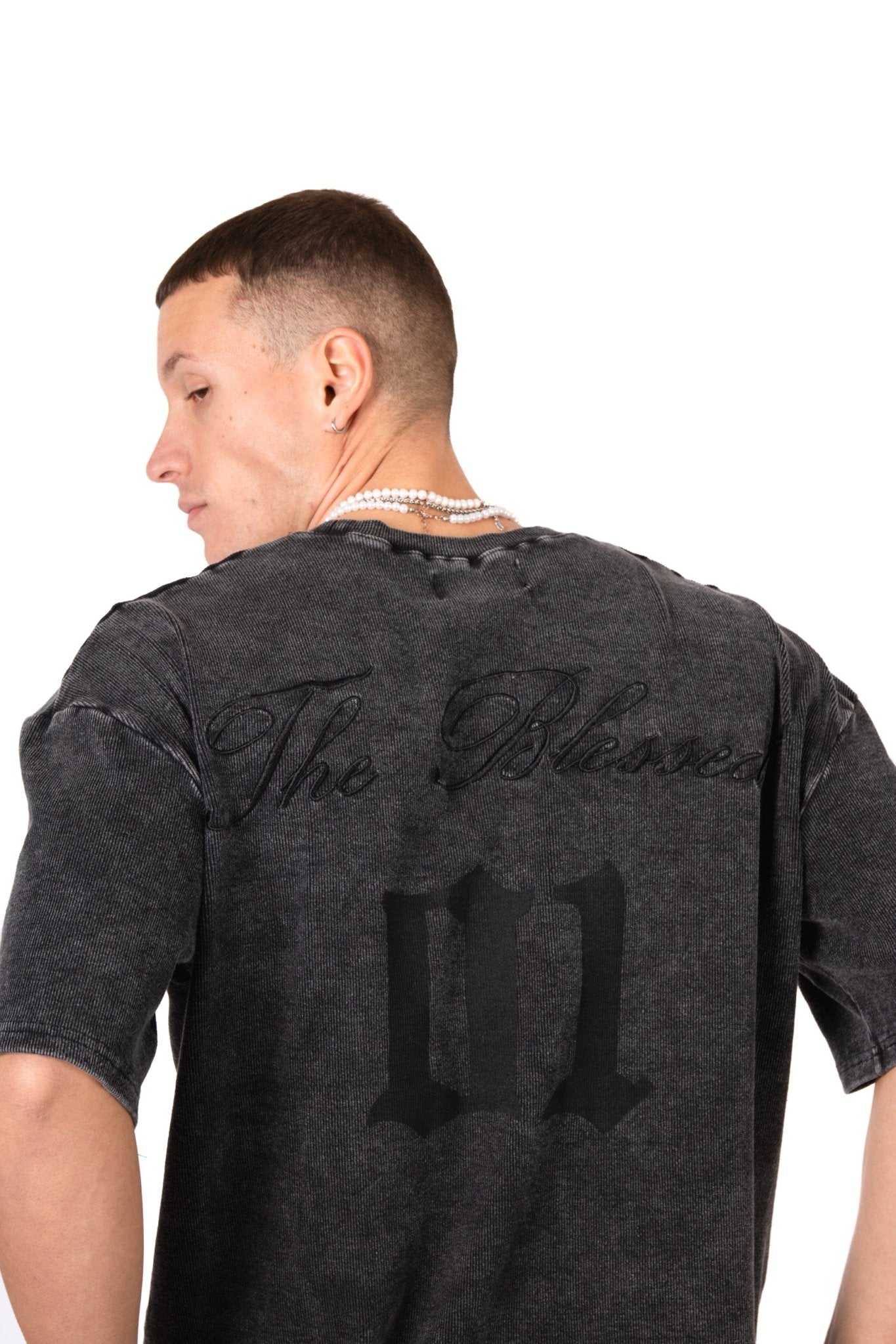 Acid Black Ribbed 'The Blessed 01' Varsity T-Shirt - Liquor n Poker