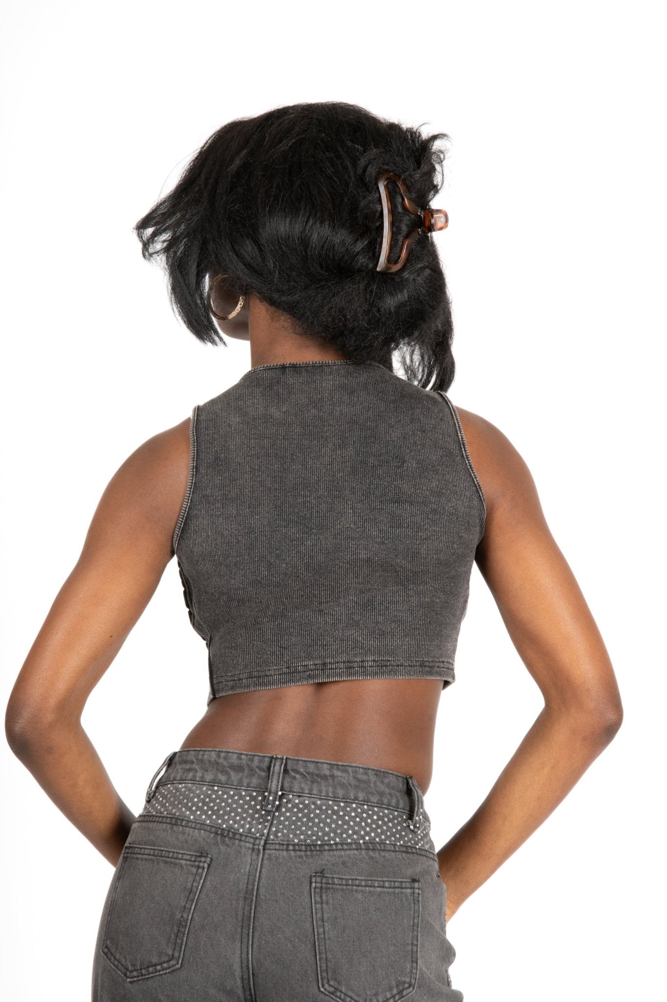 Acid Grey Ribbed Crop Top With Hook & Eye Detail - Liquor n Poker