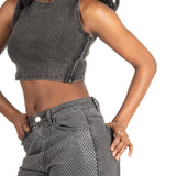 Acid Grey Ribbed Crop Top With Hook & Eye Detail - Liquor n Poker