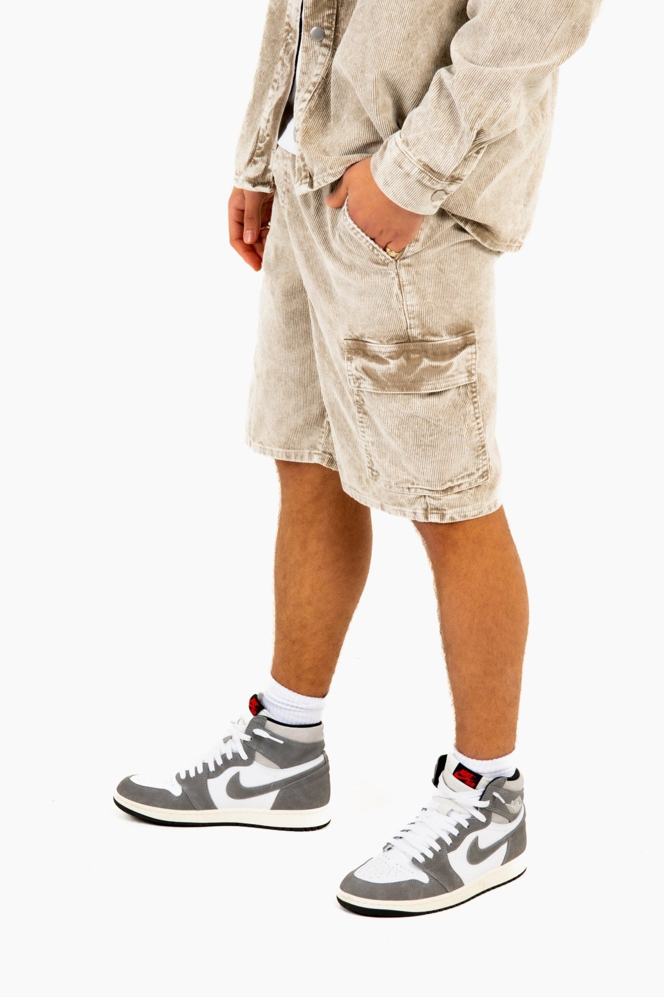 Acid Wash Beige Corduroy Cargo Shorts - Liquor n Poker