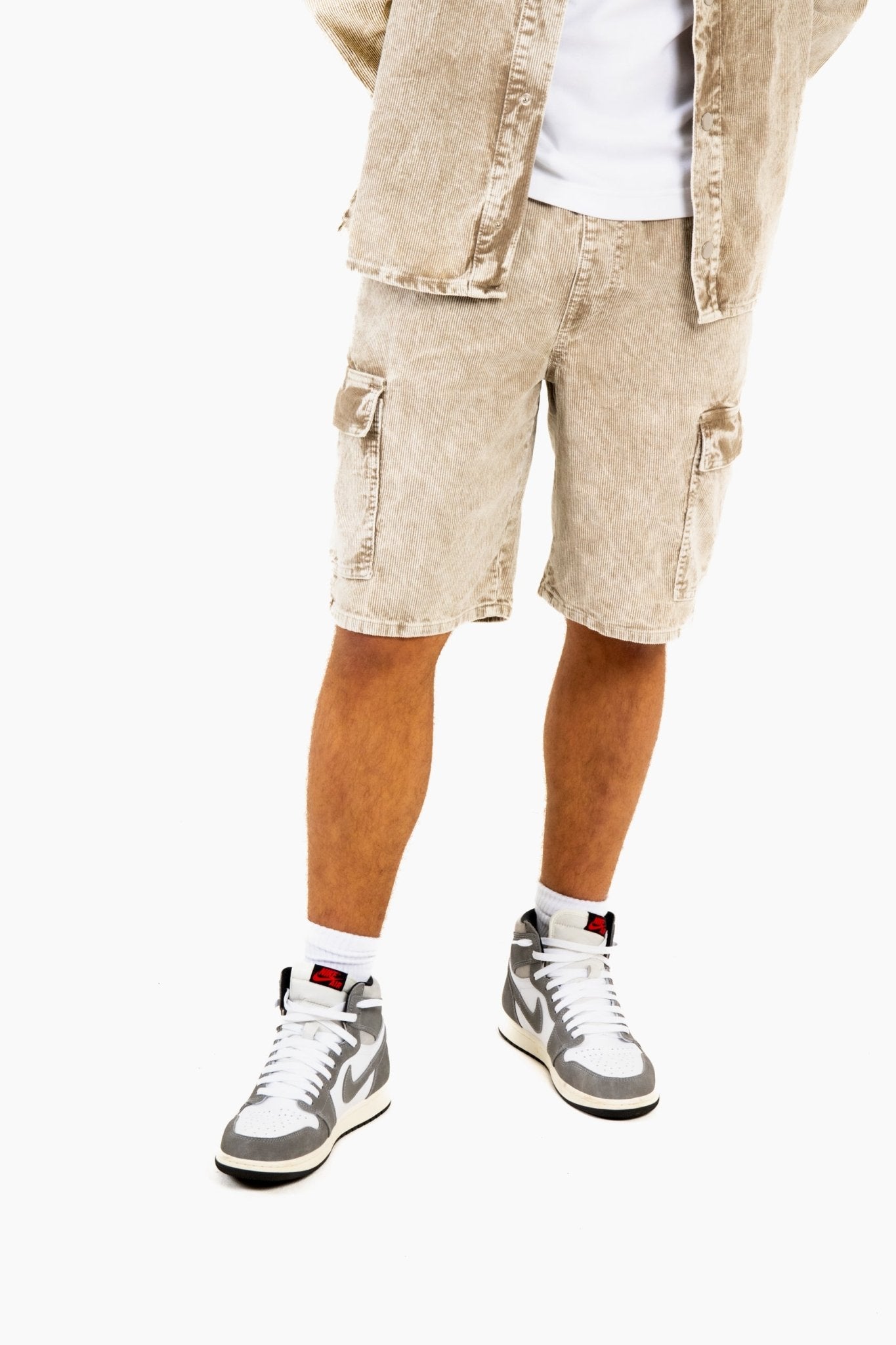 Acid Wash Beige Corduroy Cargo Shorts - Liquor n Poker