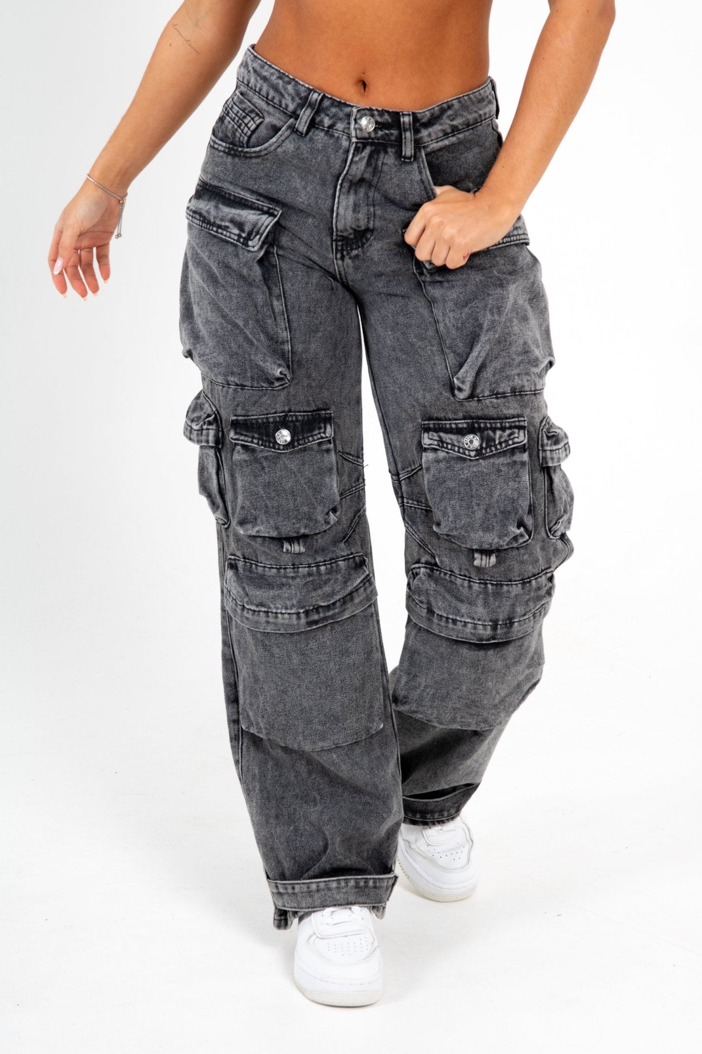 Acid Wash Black Denim Wide Leg Cargo - Liquor n Poker