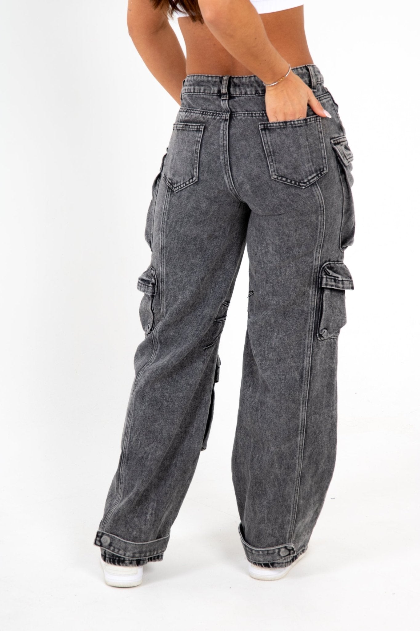 Acid Wash Black Denim Wide Leg Cargo - Liquor n Poker