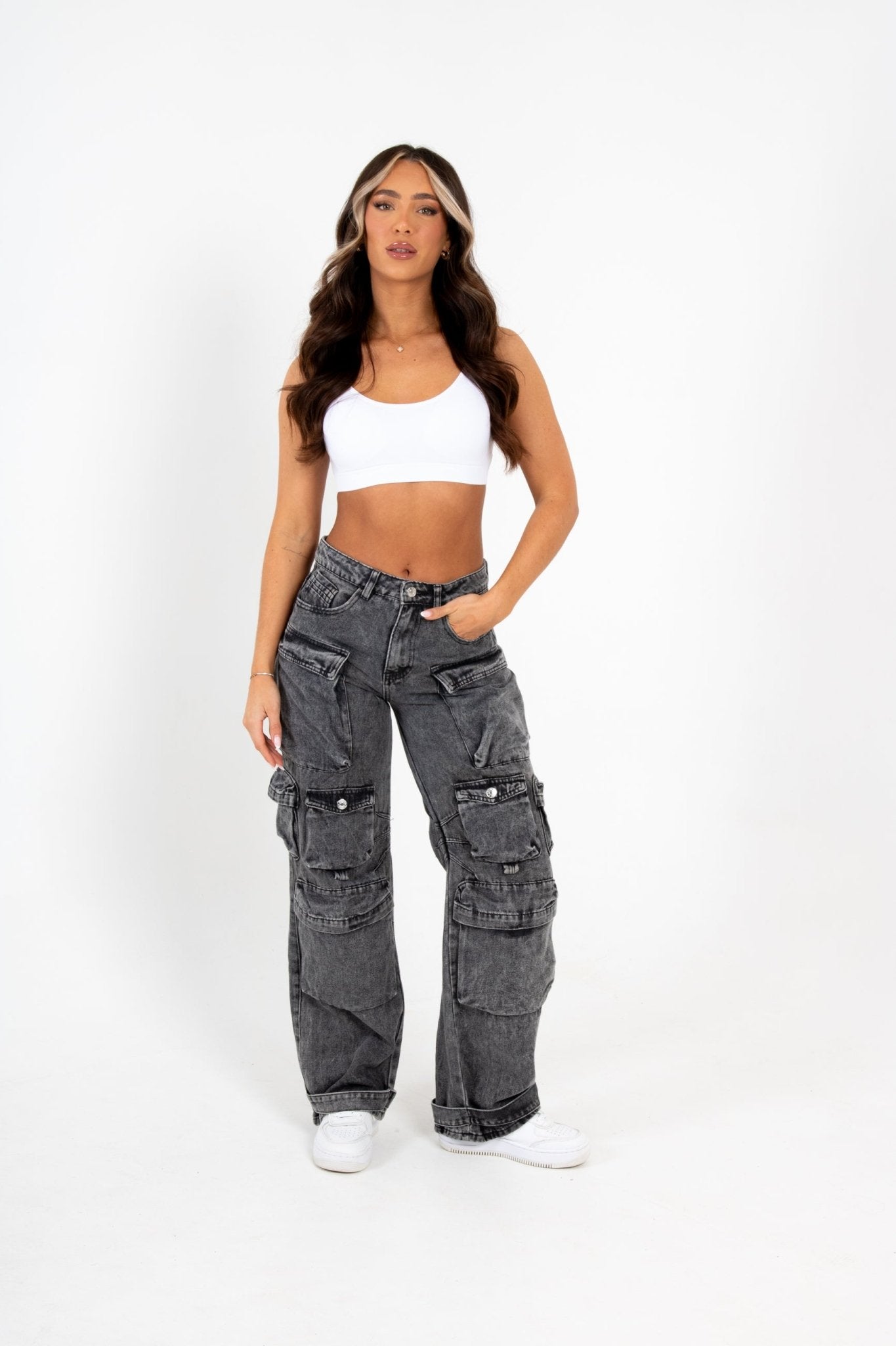 Acid Wash Black Denim Wide Leg Cargo - Liquor n Poker