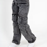 Acid Wash Black Denim Wide Leg Cargo - Liquor n Poker