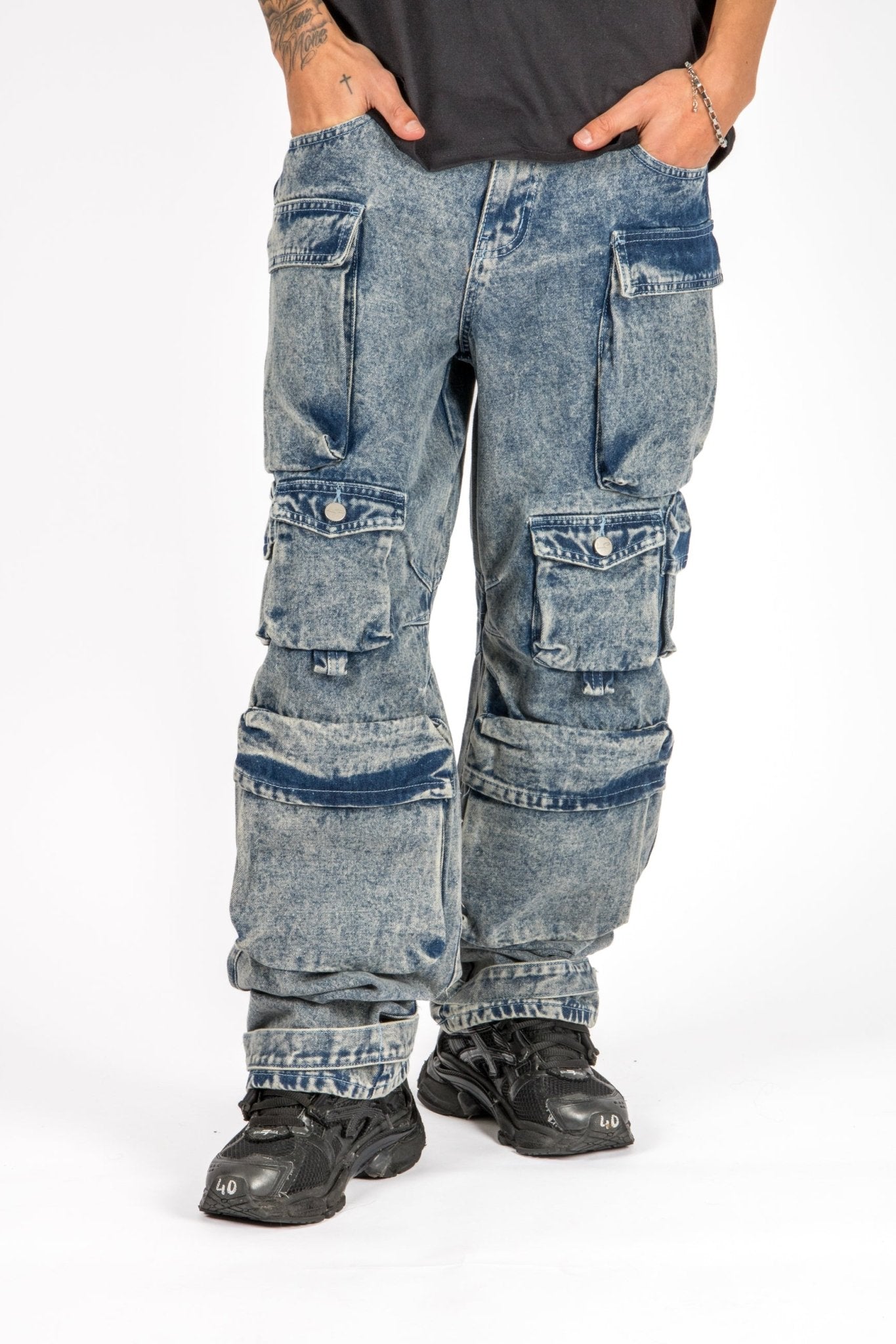 Acid Wash Blue Baggy Cargo - Liquor n Poker