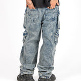 Acid Wash Blue Baggy Cargo - Liquor n Poker