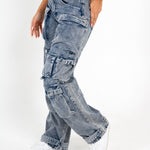 Acid Wash Blue Denim Wide Leg Cargo - Liquor n Poker