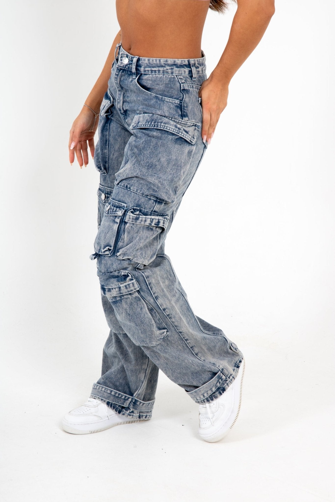 Acid Wash Blue Denim Wide Leg Cargo - Liquor n Poker