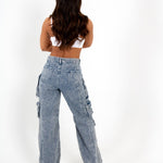 Acid Wash Blue Denim Wide Leg Cargo - Liquor n Poker