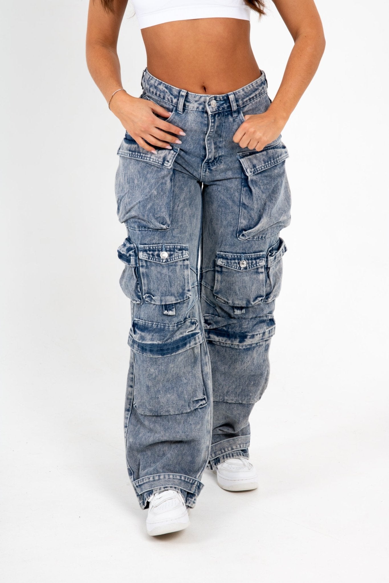 Acid Wash Blue Denim Wide Leg Cargo - Liquor n Poker