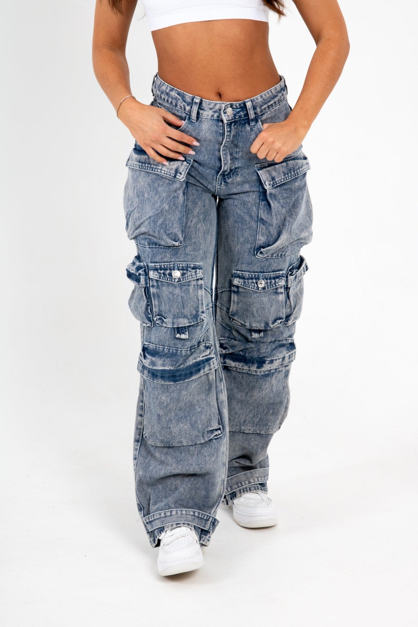 Acid Wash Blue Denim Wide Leg Cargo - Liquor n Poker