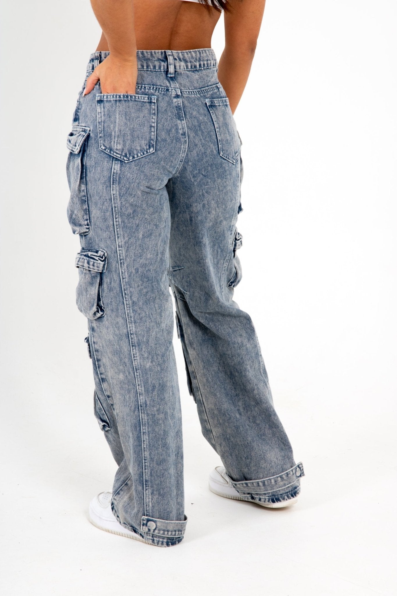 Acid Wash Blue Denim Wide Leg Cargo - Liquor n Poker