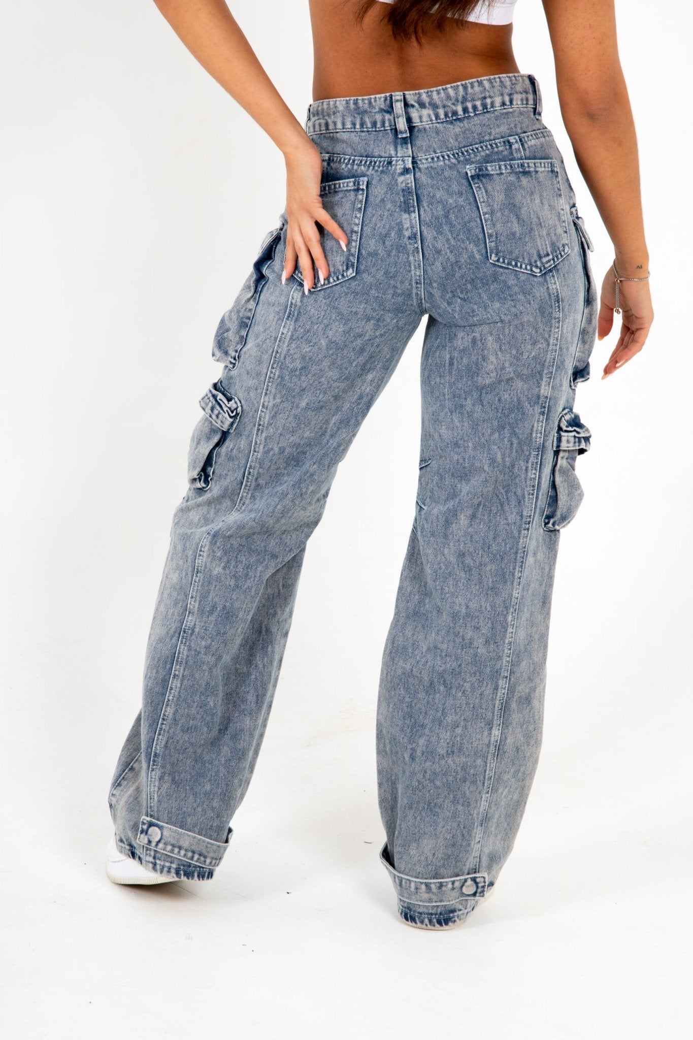 Acid Wash Blue Denim Wide Leg Cargo - Liquor n Poker