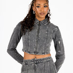 Acid - Wash Grey Contrast Stitch Cropped Denim Jacket - Liquor n Poker